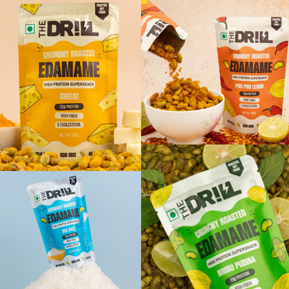 The Drill Crunchy Roasted Edamame Snack: Pack of 6 (2 Peri Peri, 2 Cheese, 1 Sea Salt, 1 Nimbu Pudina)
