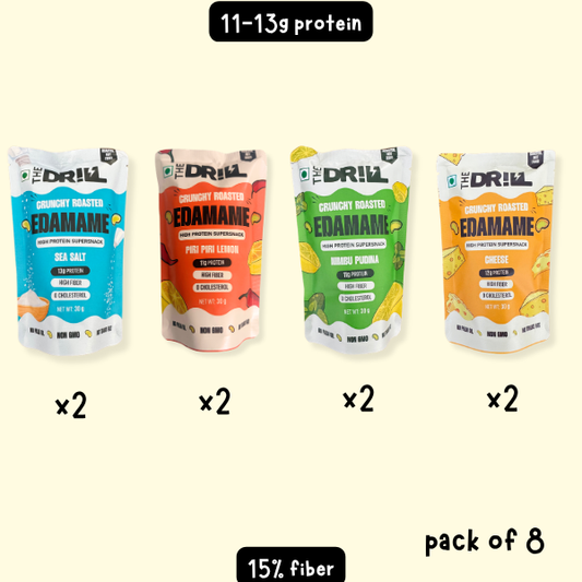 Roasted Edamame Crunchy Snack: Pack of 8 (2 Peri Peri, 2 Cheese, 2 Sea Salt, 2 Nimbu Pudina) | 30g x 8 packs
